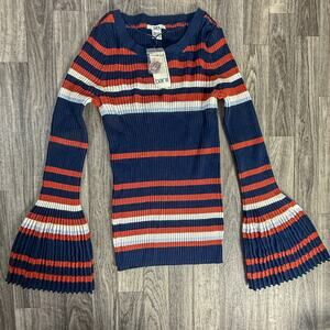 NWT Bar III Bell Sleeve Sweater Large Navy Red Stripe Ribbed Stretch Knit